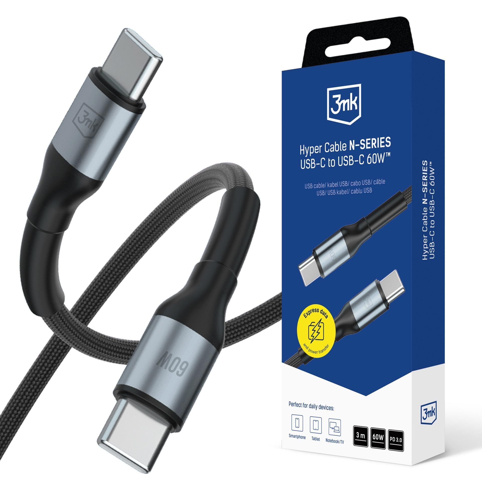 3mk Hyper Cable N-SERIES USB-C / USB-C 3 m PD 3.0 QC 3.0 20 V/3 A 60 W – musta