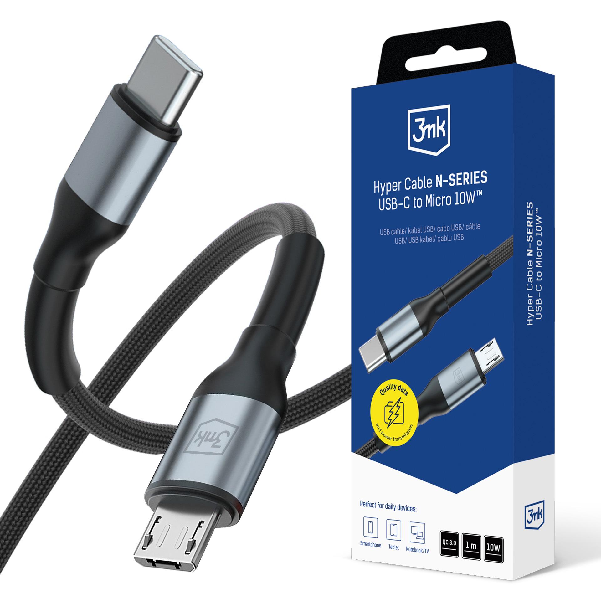 3mk Hyper Cable N-SERIES USB-C / MicroUSB 1 m QC 3.0 5 V/2 A 10 W – musta