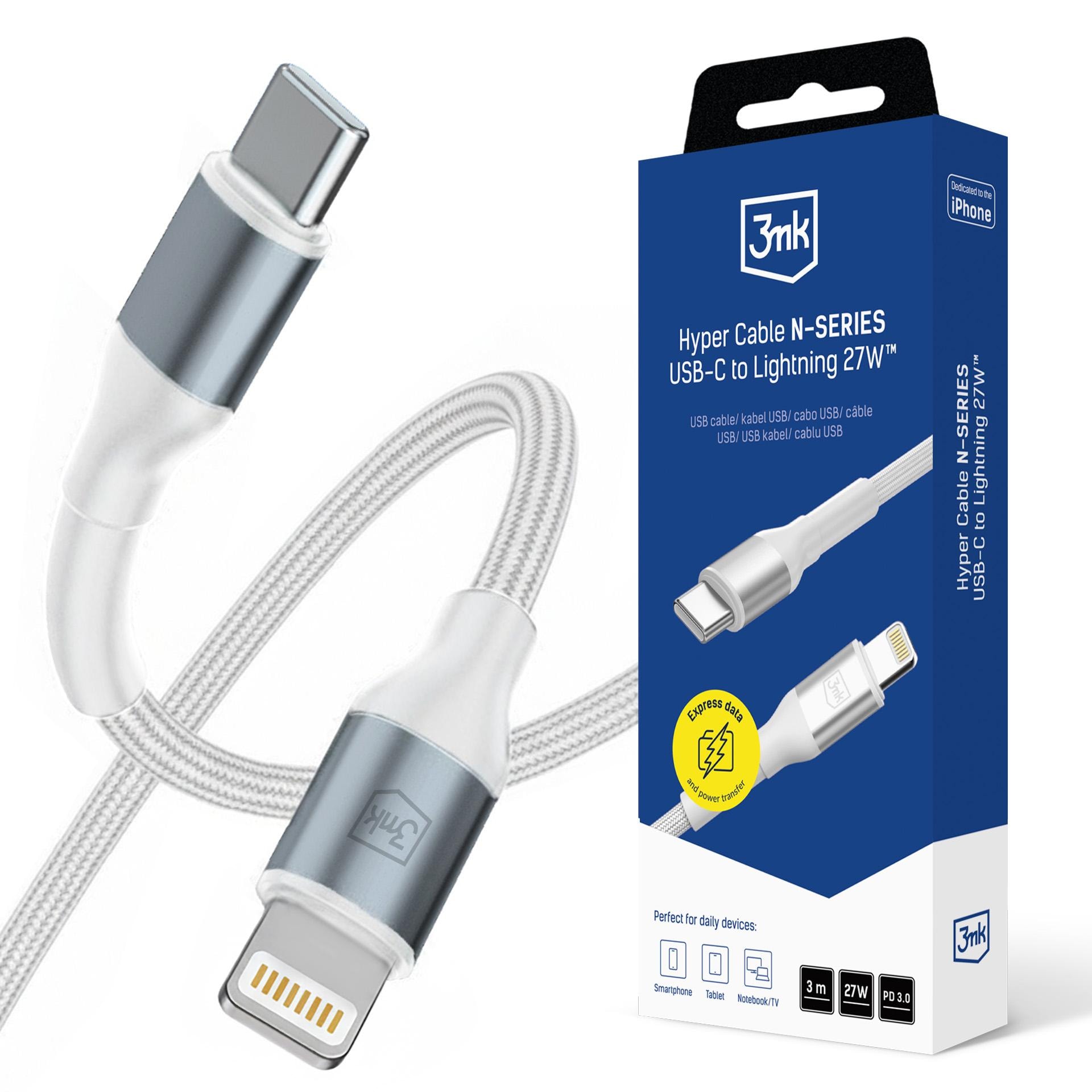 3mk Hyper Cable N-SERIES USB-C / Lightning 3 m PD 3.0 9 V/3 A 27 W – valkoinen