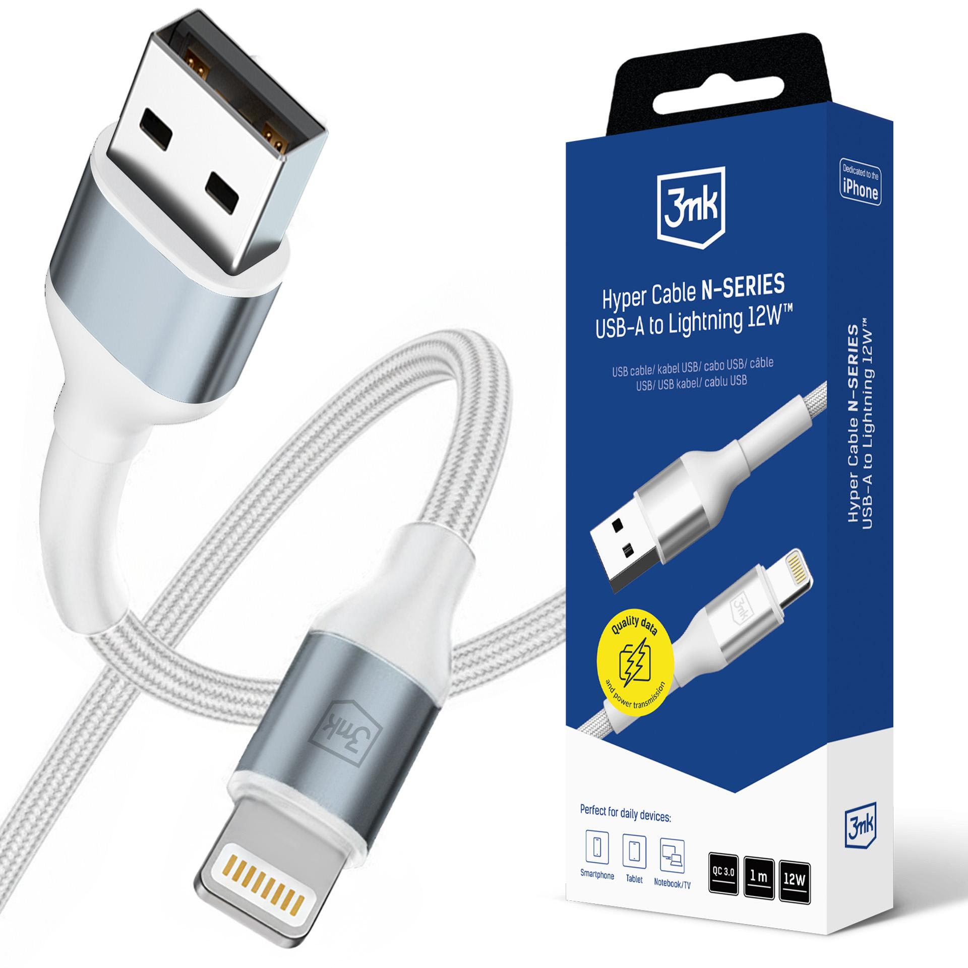3mk Hyper Cable N-SERIES USB-A / Lightning 1 m QC 3.0 5 V/2,4 A 12 W – valkoinen