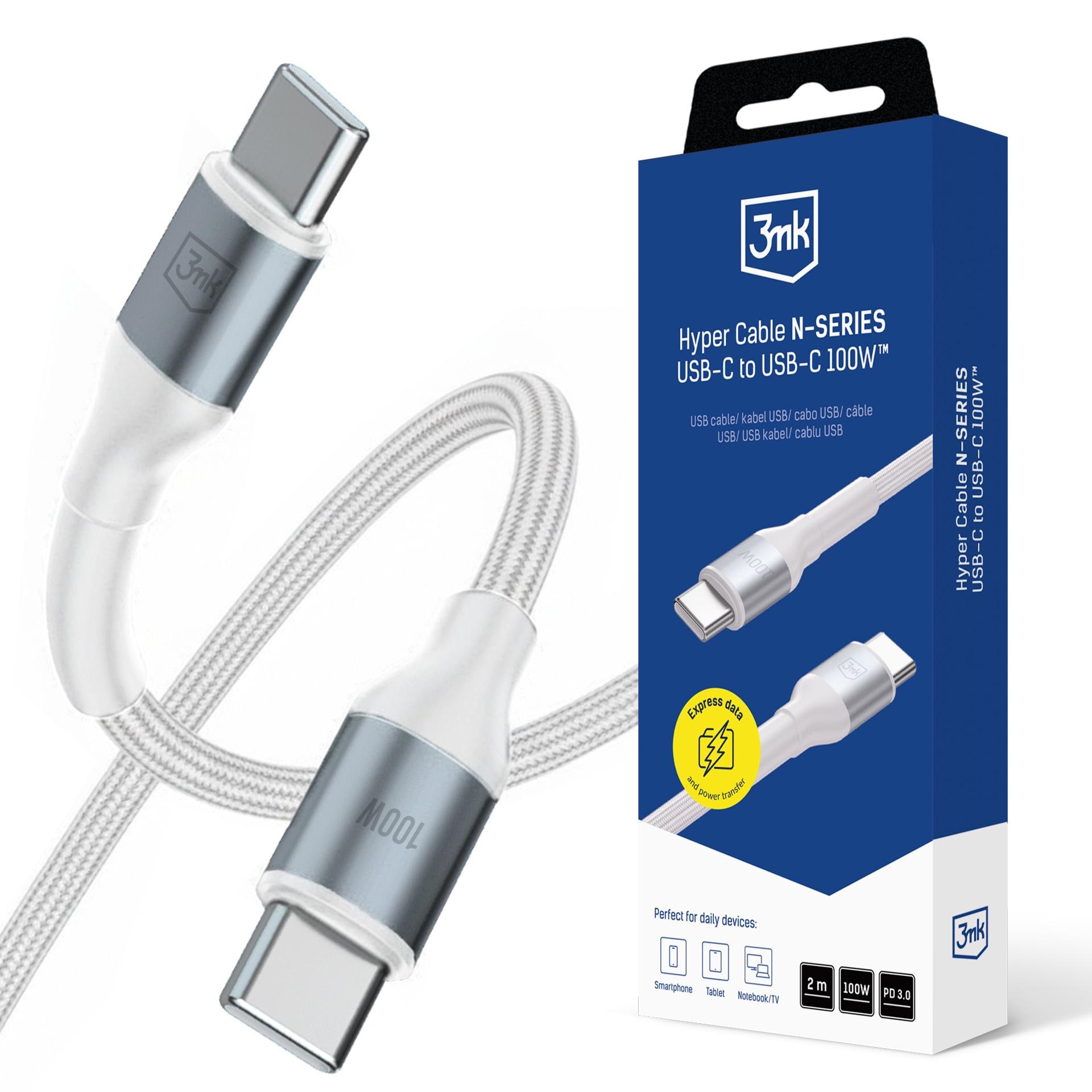 3mk Hyper Cable N-SERIES USB-C / USB-C 2 m PD 3.0 QC 3.0 20 V/5 A 100 W – valkoinen
