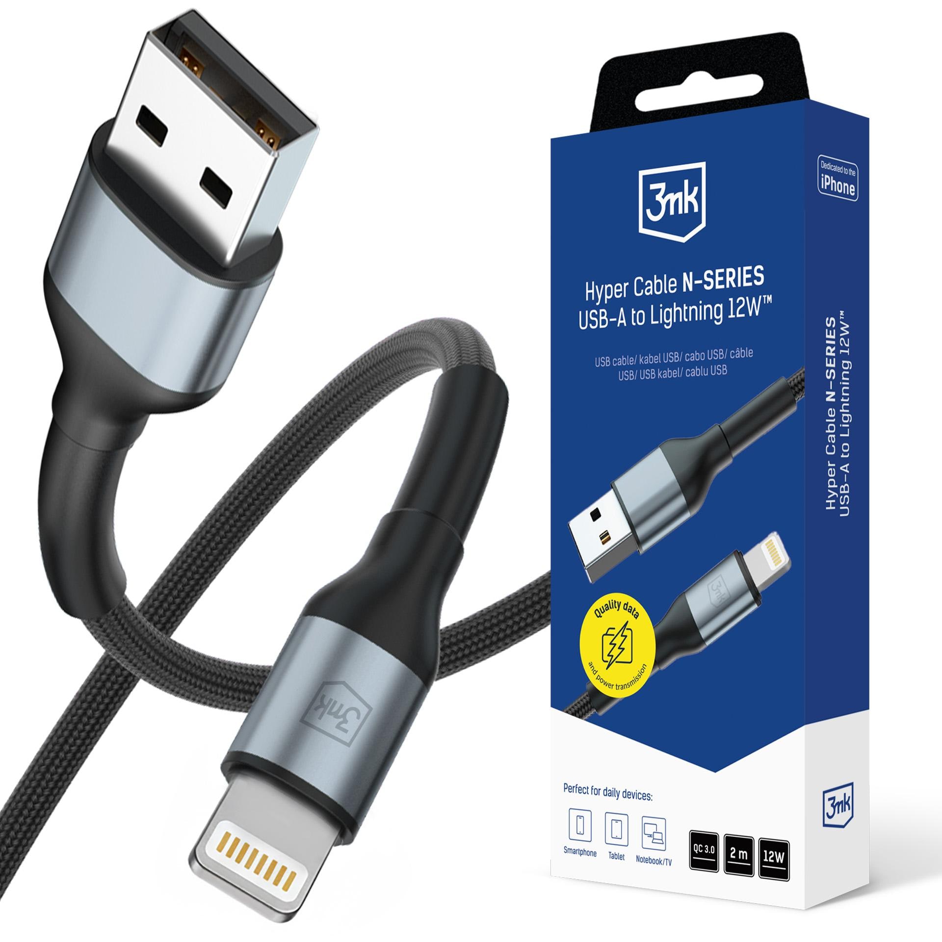 3mk Hyper Cable N-SERIES USB-A / Lightning 2 m QC 3.0 5 V/2,4 A 12 W – musta