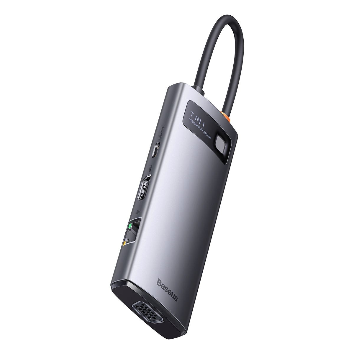 Baseus Metal Gleam HUB 7-in-1 USB-C telakointiasema: HDMI, VGA, 3x USB 3.2 Gen1, PD, RJ-45, harmaa
