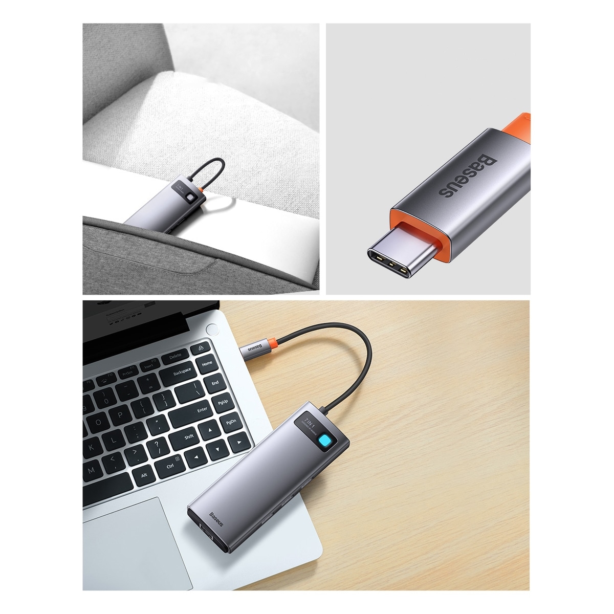 Baseus Metal Gleam HUB 7-in-1 USB-C telakointiasema: HDMI, VGA, 3x USB 3.2 Gen1, PD, RJ-45, harmaa