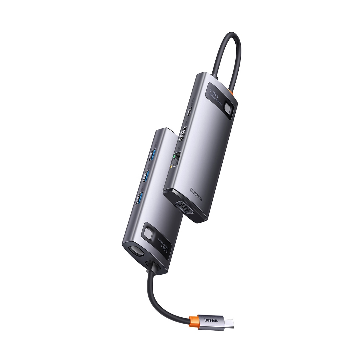 Baseus Metal Gleam HUB 7-in-1 USB-C telakointiasema: HDMI, VGA, 3x USB 3.2 Gen1, PD, RJ-45, harmaa