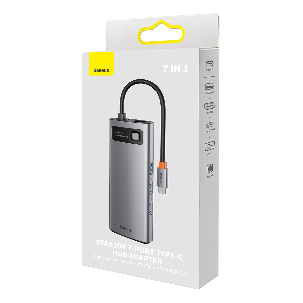 Baseus Metal Gleam HUB 7-in-1 USB-C telakointiasema: HDMI, VGA, 3x USB 3.2 Gen1, PD, RJ-45, harmaa