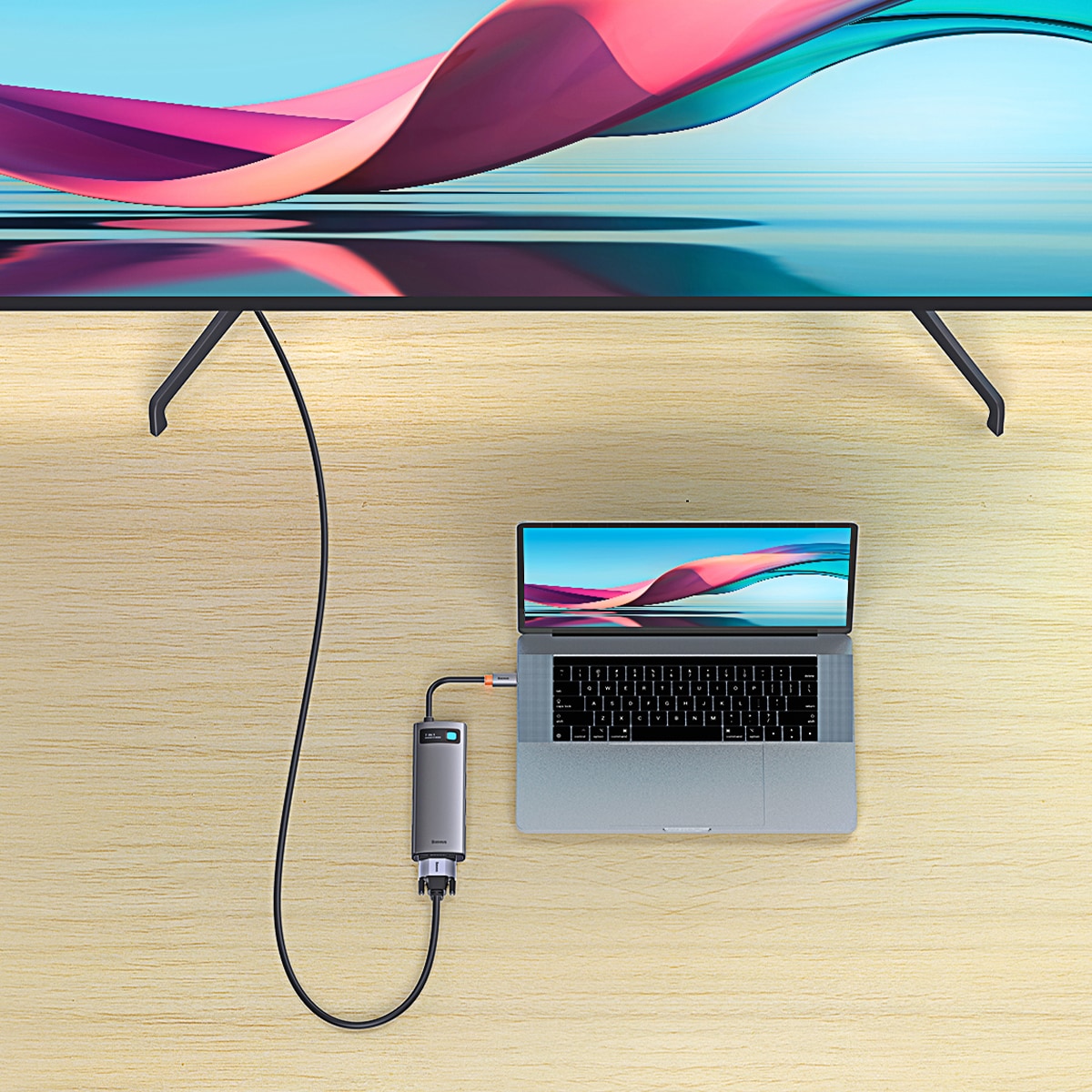 Baseus Metal Gleam HUB 7-in-1 USB-C telakointiasema: HDMI, VGA, 3x USB 3.2 Gen1, PD, RJ-45, harmaa