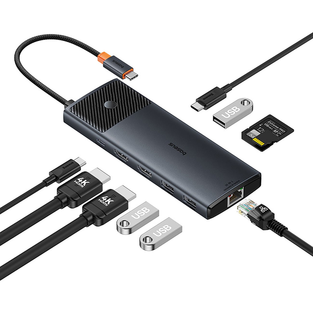 Baseus Metal Gleam II 10-in-1 HDMI/USB-A/USB-C/RJ45/SD/TF-jakaja – harmaa