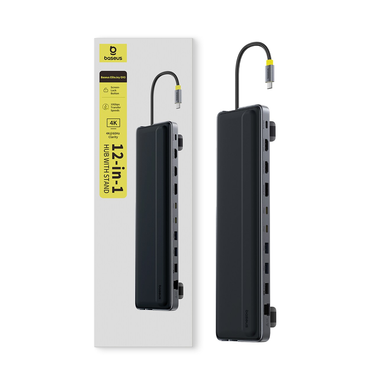 Baseus EliteJoy EH3 -keskitin 12-in-1 USB-C-telakka: 2xHDMI+DP 4K@60, USB, SD, RJ45, PD, harmaa
