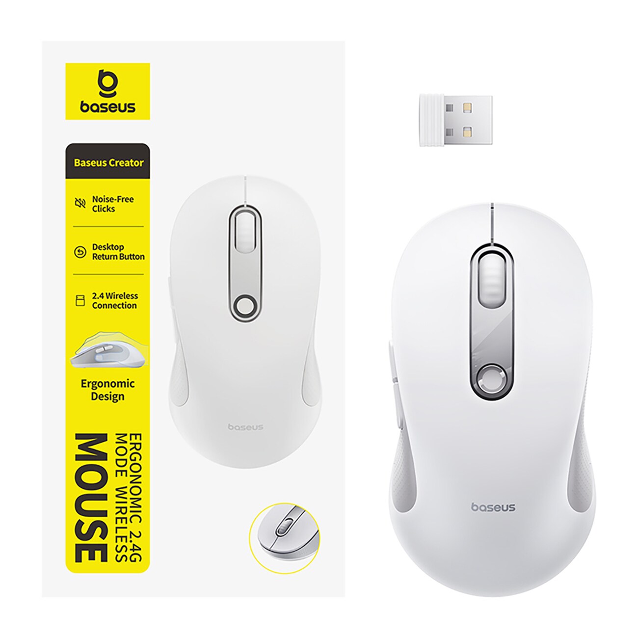 Baseus F02 Ergonominen langaton hiiri, USB 2,4 GHz – valkoinen