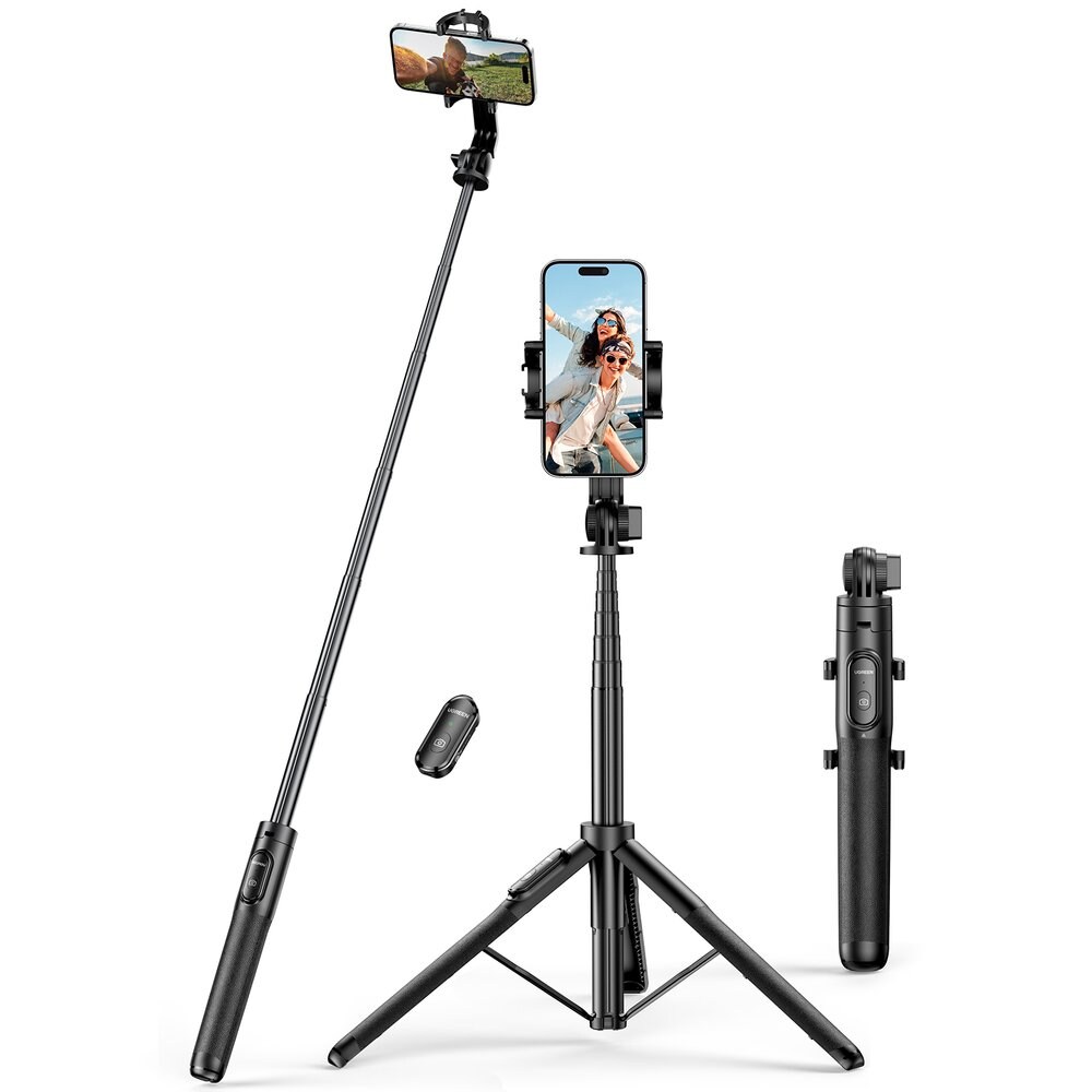Ugreen LP586 -selfiekeppi, teleskooppinen kolmijalka ja Bluetooth-kaukosäädin, 1,5 m – musta