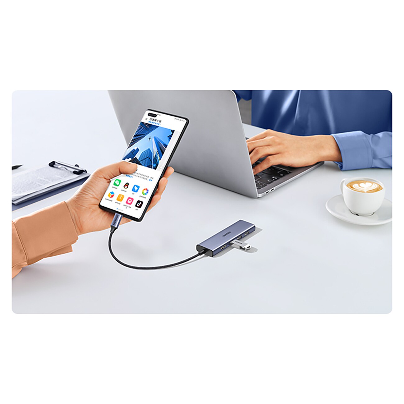 HUB Ugreen CM511 20956A 6-in-1 USB-C – HDMI / 3 x USB-A 3.0 / SD/TF-kortinlukija – harmaa