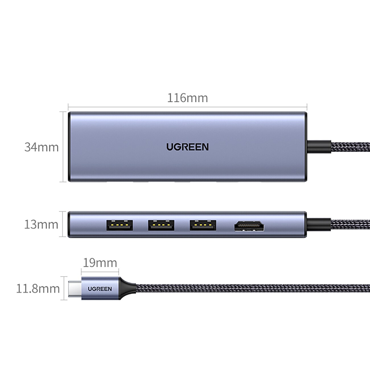 HUB Ugreen CM511 20956A 6-in-1 USB-C – HDMI / 3 x USB-A 3.0 / SD/TF-kortinlukija – harmaa