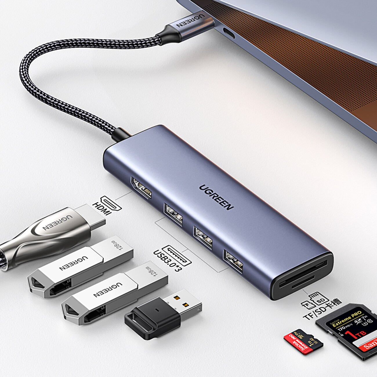 HUB Ugreen CM511 20956A 6-in-1 USB-C – HDMI / 3 x USB-A 3.0 / SD/TF-kortinlukija – harmaa