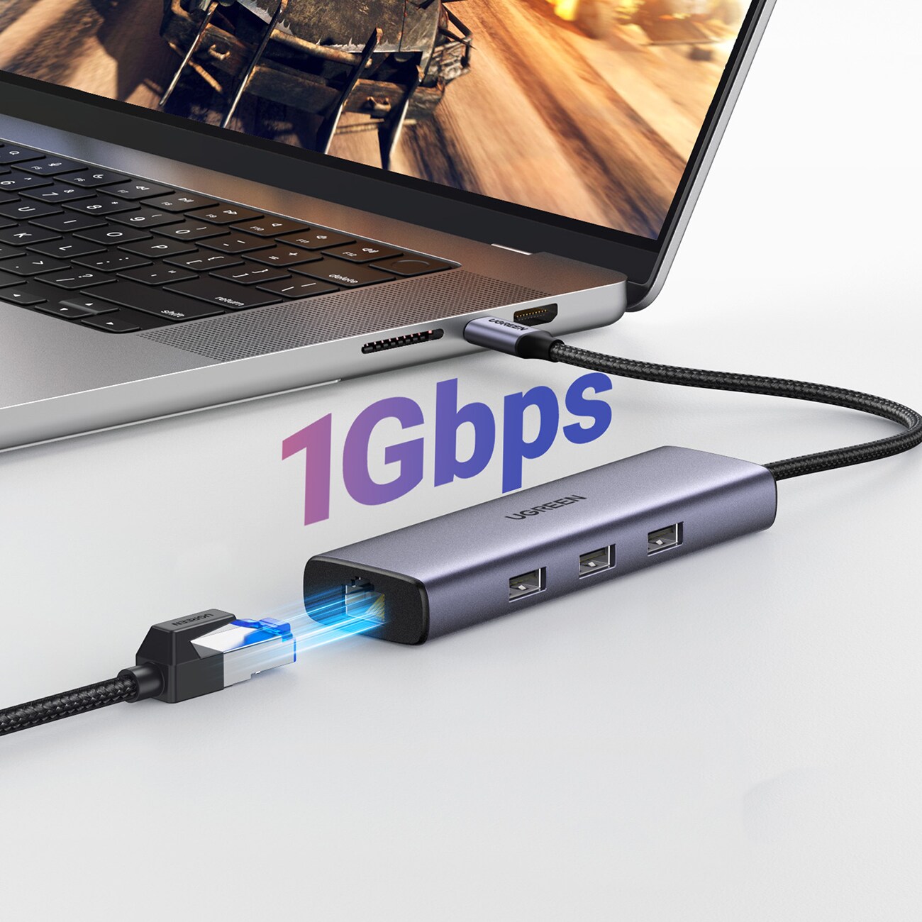 HUB Ugreen CM512 15598 6-in-1 USB-C – 3 x USB-A 3.0 / HDMI / RJ45 / USB-C PD – harmaa