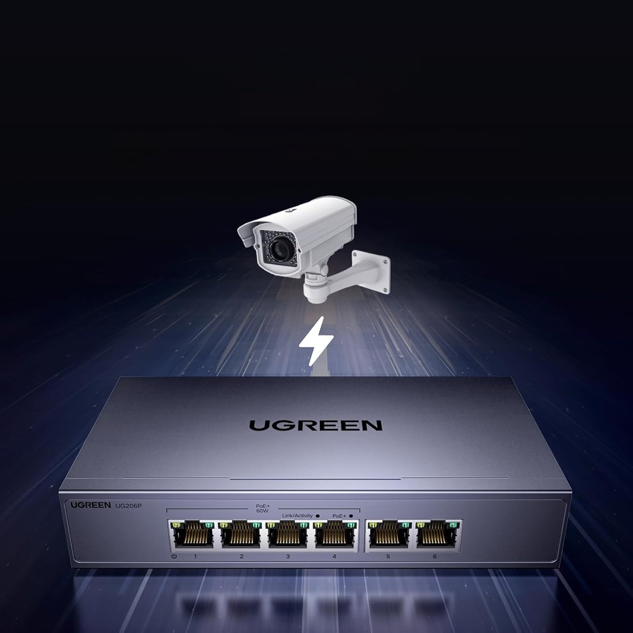 Ugreen 6-porttinen 1 Gb/s Ethernet-kytkin PoE-toiminnolla – harmaa