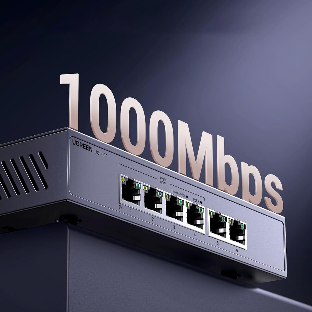 Ugreen 6-porttinen 1 Gb/s Ethernet-kytkin PoE-toiminnolla – harmaa