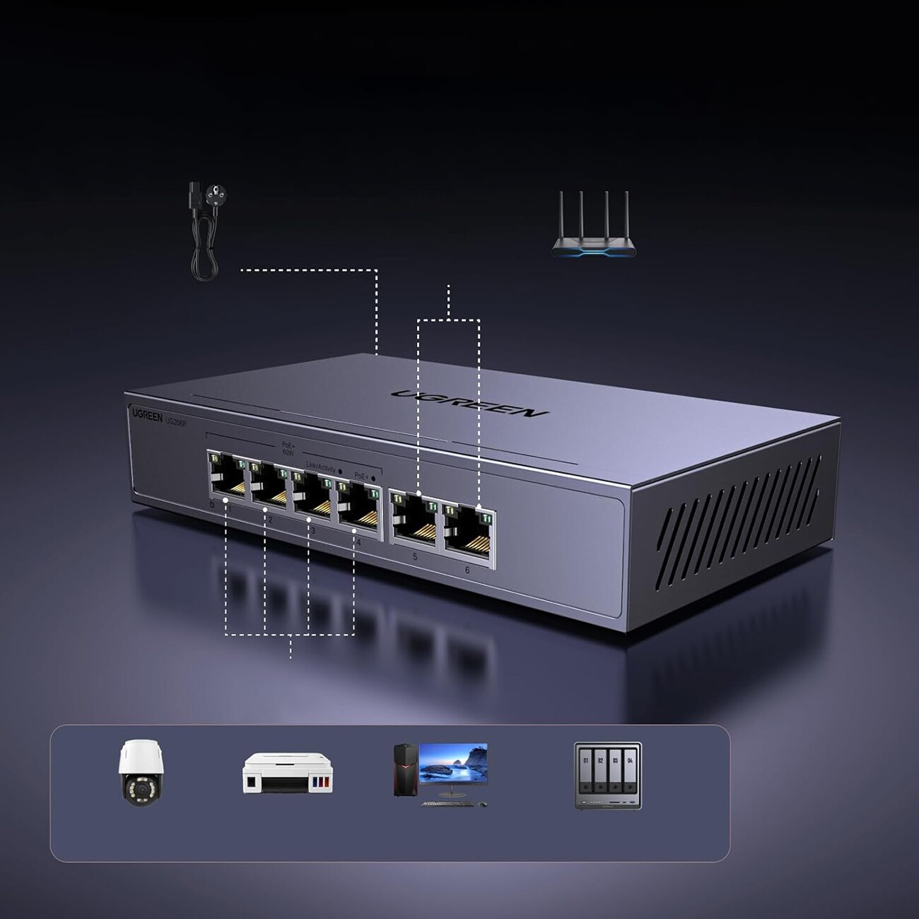Ugreen 6-porttinen 1 Gb/s Ethernet-kytkin PoE-toiminnolla – harmaa