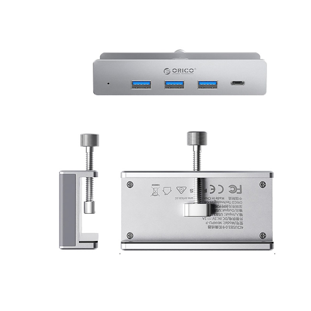 Orico MH4PC -keskitin, kiinnitettävä USB-C / 3x USB-A 3.0 + 1x USB-C 3.0 - hopea