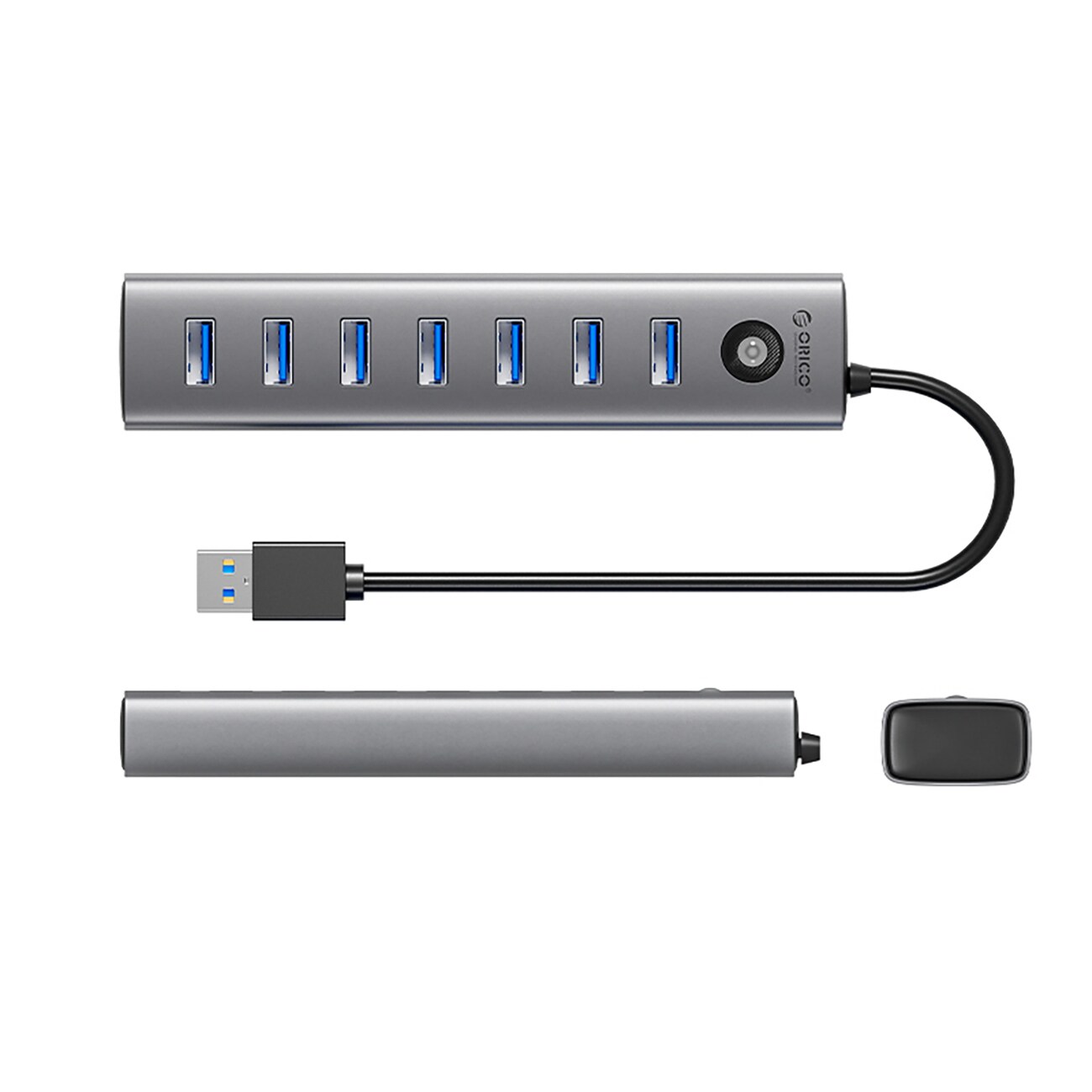 Orico CL7U-U3 -keskitin, 7 x USB-A 3.0 + USB-C 5 V/3 A, 1 m – harmaa