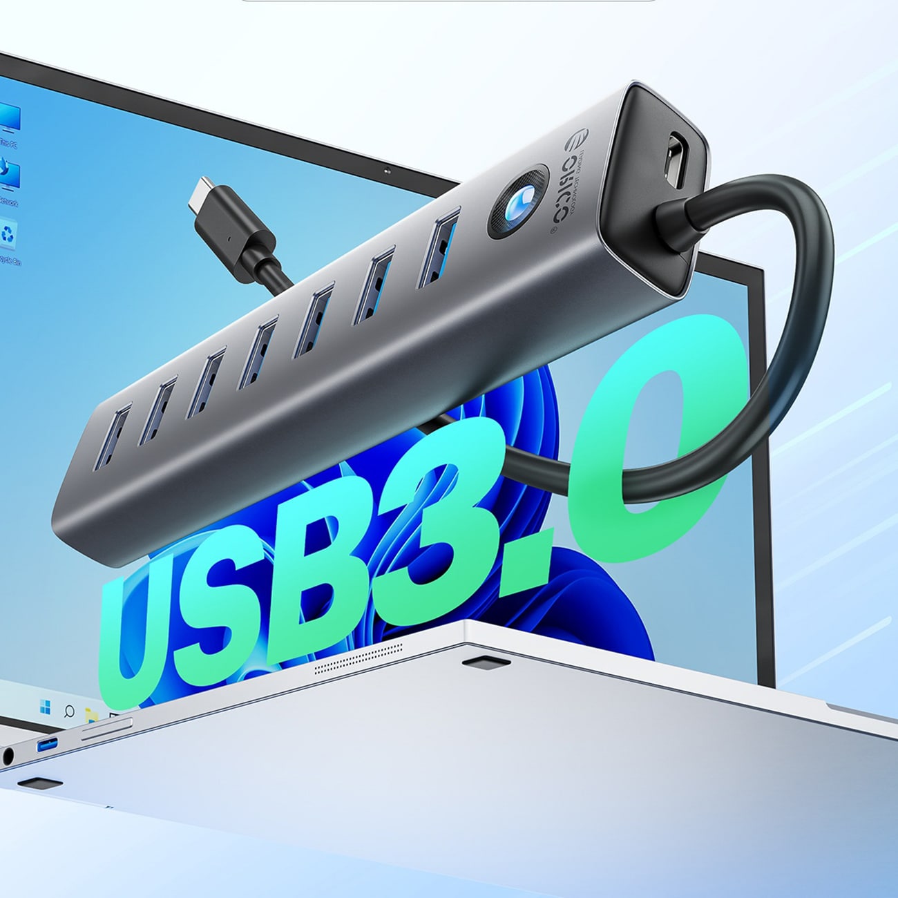 Orico CL7U-U3 -keskitin, 7 x USB-A 3.0 + USB-C 5 V/3 A, 1 m – harmaa