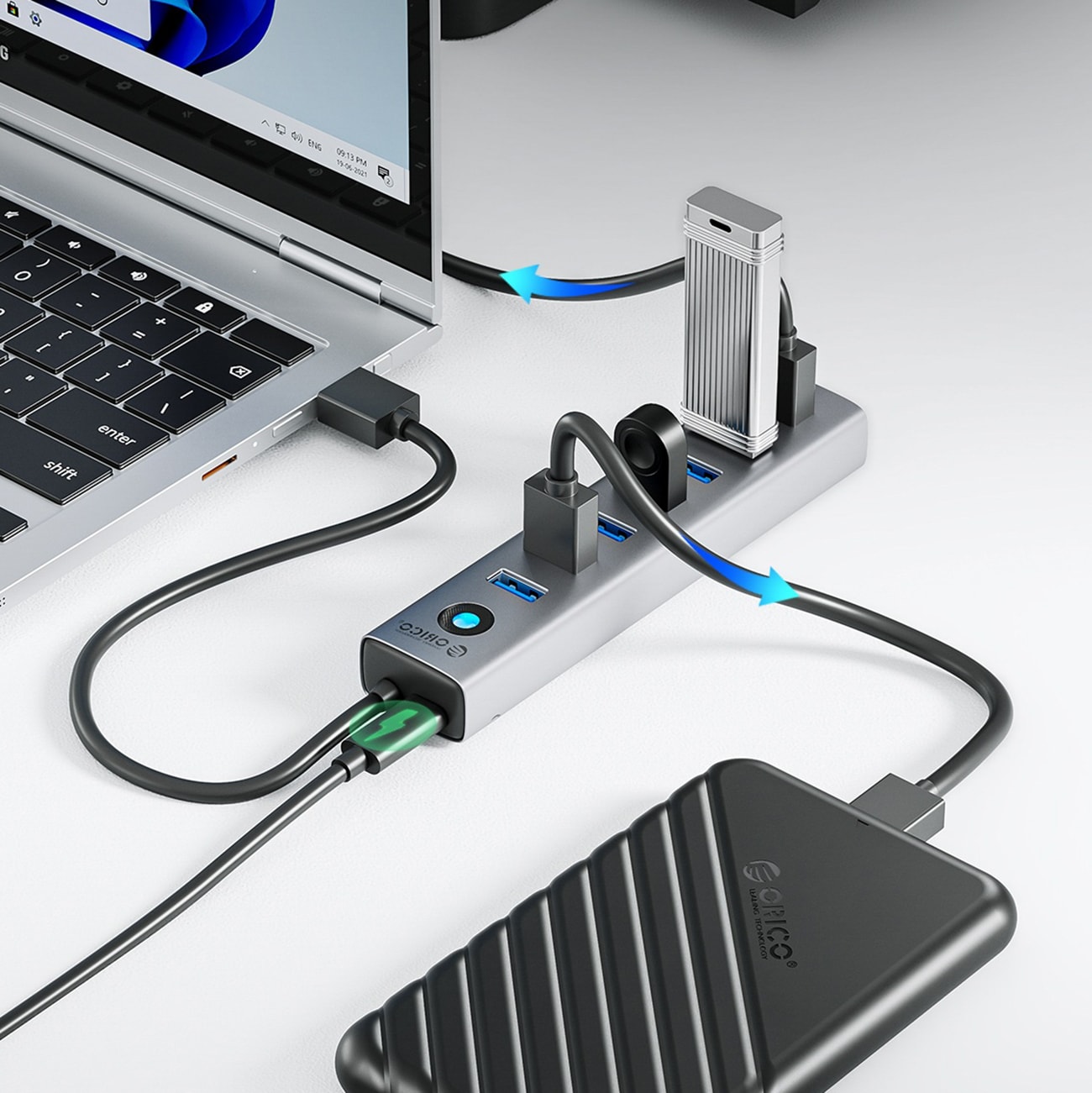 Orico CL7U-U3 -keskitin, 7 x USB-A 3.0 + USB-C 5 V/3 A, 1 m – harmaa