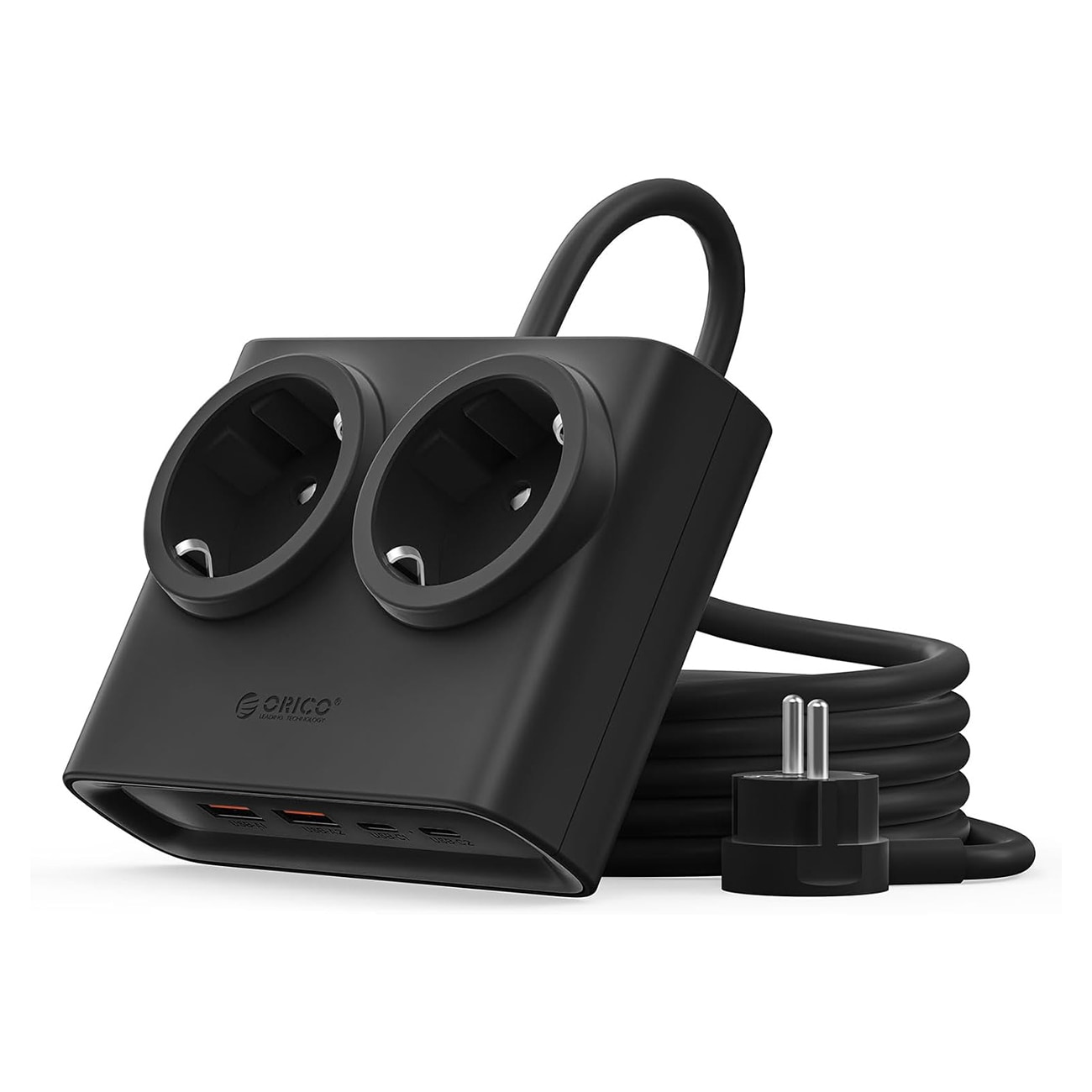 Orico PDC25 25 W 6-in-1-pistorasia, 2 x AC + 2 x USB-A + 2 x USB-C – musta