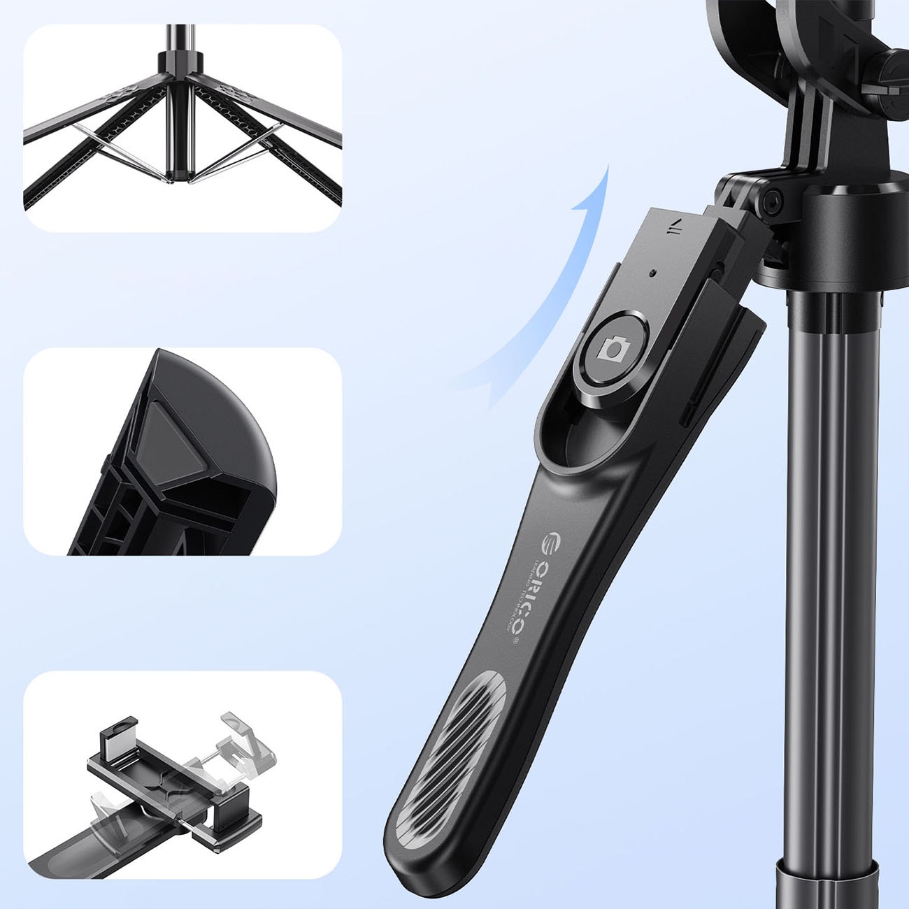 Orico SPN185 selfiekeppi + 1/4” kolmijalka puhelinkameralle, 360° kierto, BT 5.2 – musta