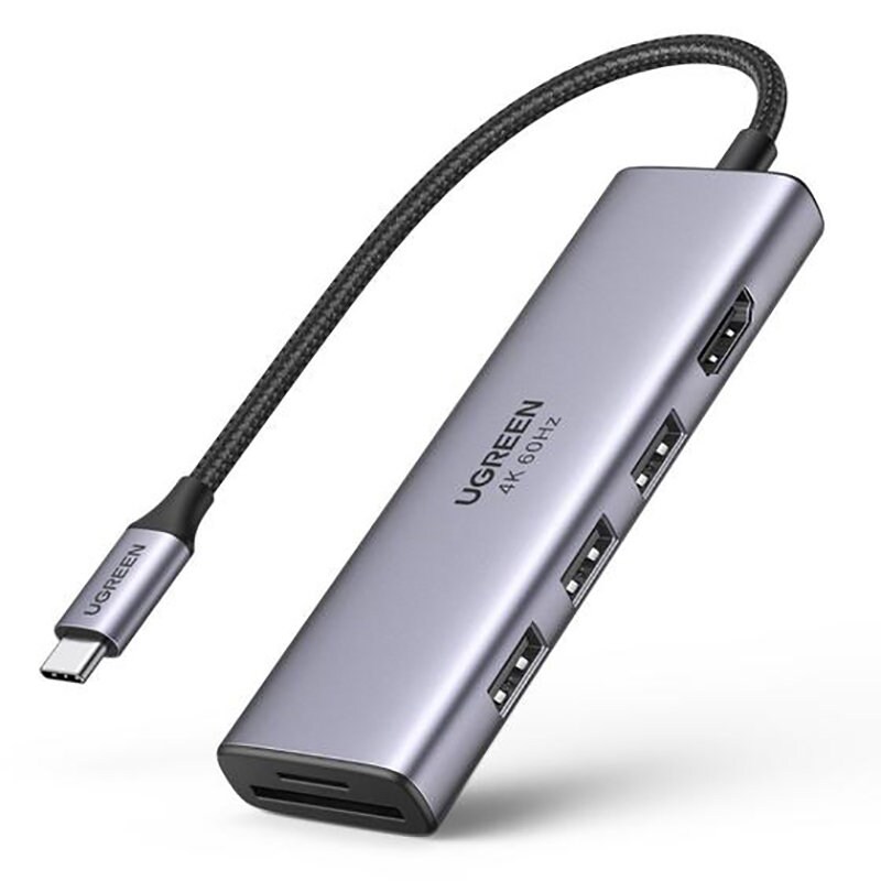 Ugreen USB-C-hubi – 3x USB 3.2 Gen 1 / HDMI 4K 60 Hz / SD- ja TF-kortinlukija, harmaa (60383)