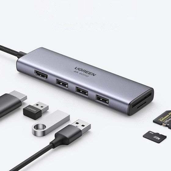 Ugreen USB-C-hubi – 3x USB 3.2 Gen 1 / HDMI 4K 60 Hz / SD- ja TF-kortinlukija, harmaa (60383)