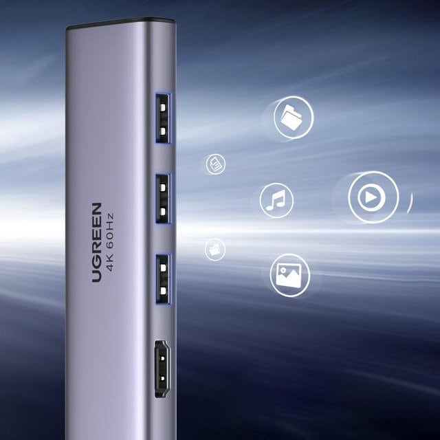 Ugreen USB-C-hubi – 3x USB 3.2 Gen 1 / HDMI 4K 60 Hz / SD- ja TF-kortinlukija, harmaa (60383)
