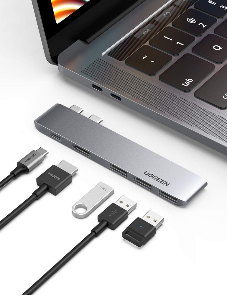 HUB Ugreen 60559 2x USB-C/USB-C PD (TB3, 100W, 4K60, 10Gbps) / HDMI 4K30 / 3x USB 3.0 – harmaa