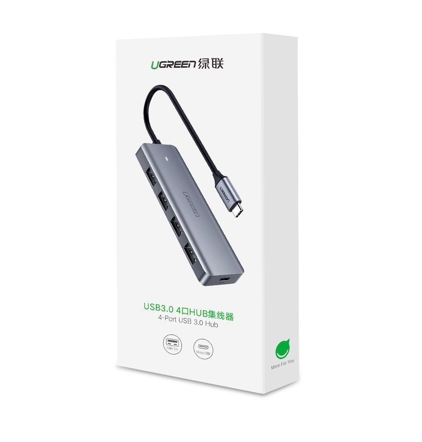 Ugreen USB Type-C -keskitin – 4 x USB 3.2 Gen 1 ja USB-C-latausportti, harmaa (CM219 70336)