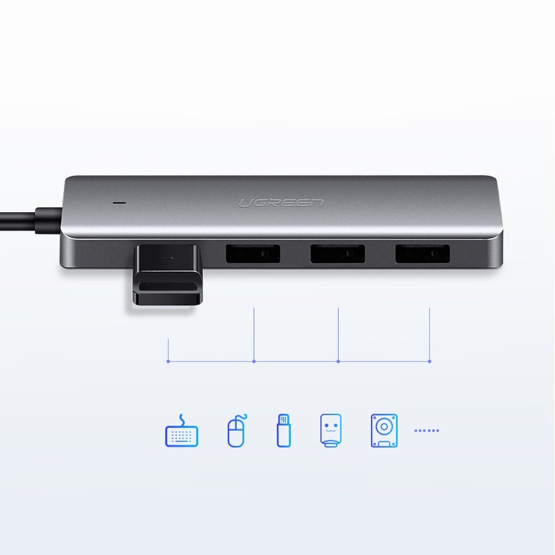 Ugreen USB Type-C -keskitin – 4 x USB 3.2 Gen 1 ja USB-C-latausportti, harmaa (CM219 70336)