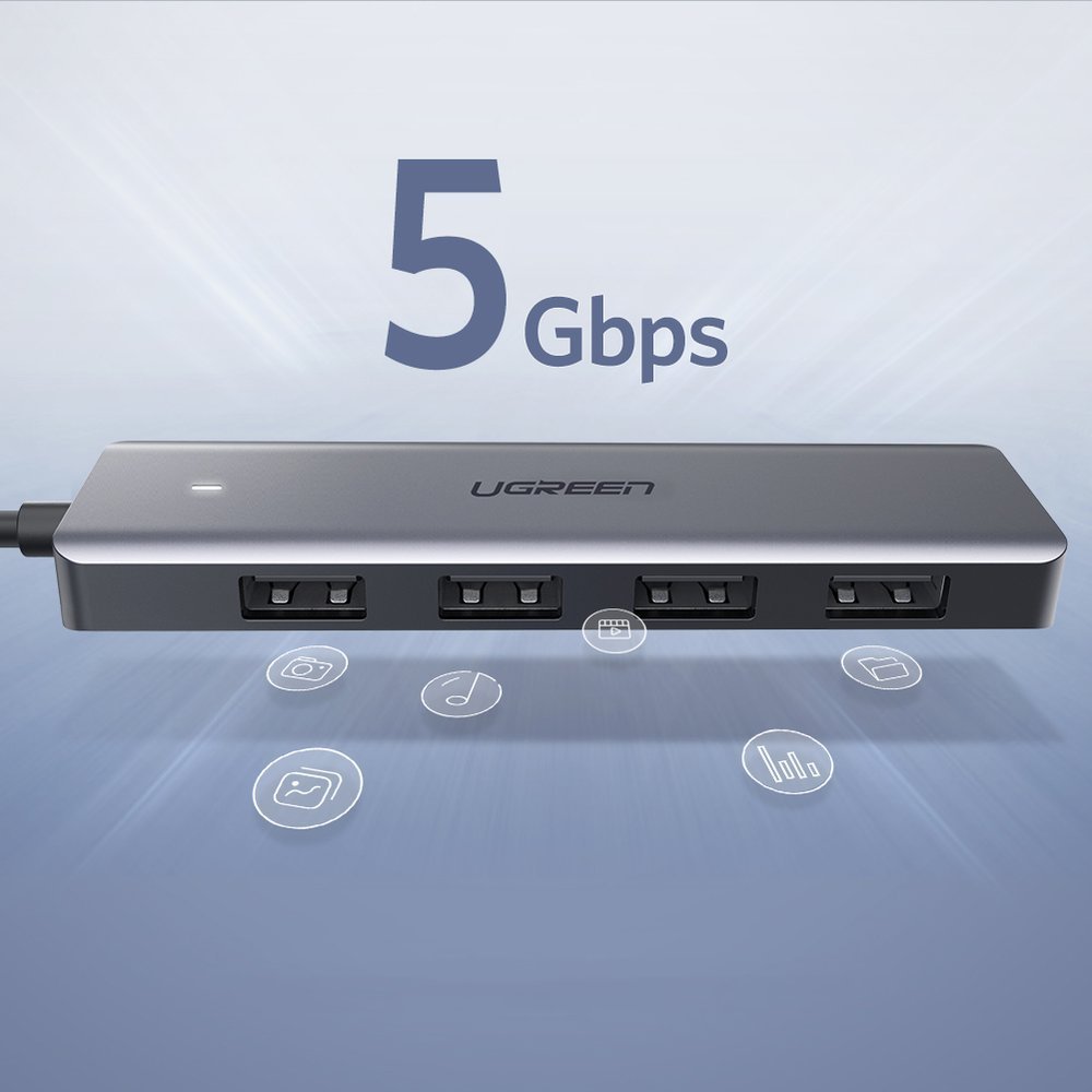 Ugreen USB Type-C -keskitin – 4 x USB 3.2 Gen 1 ja USB-C-latausportti, harmaa (CM219 70336)