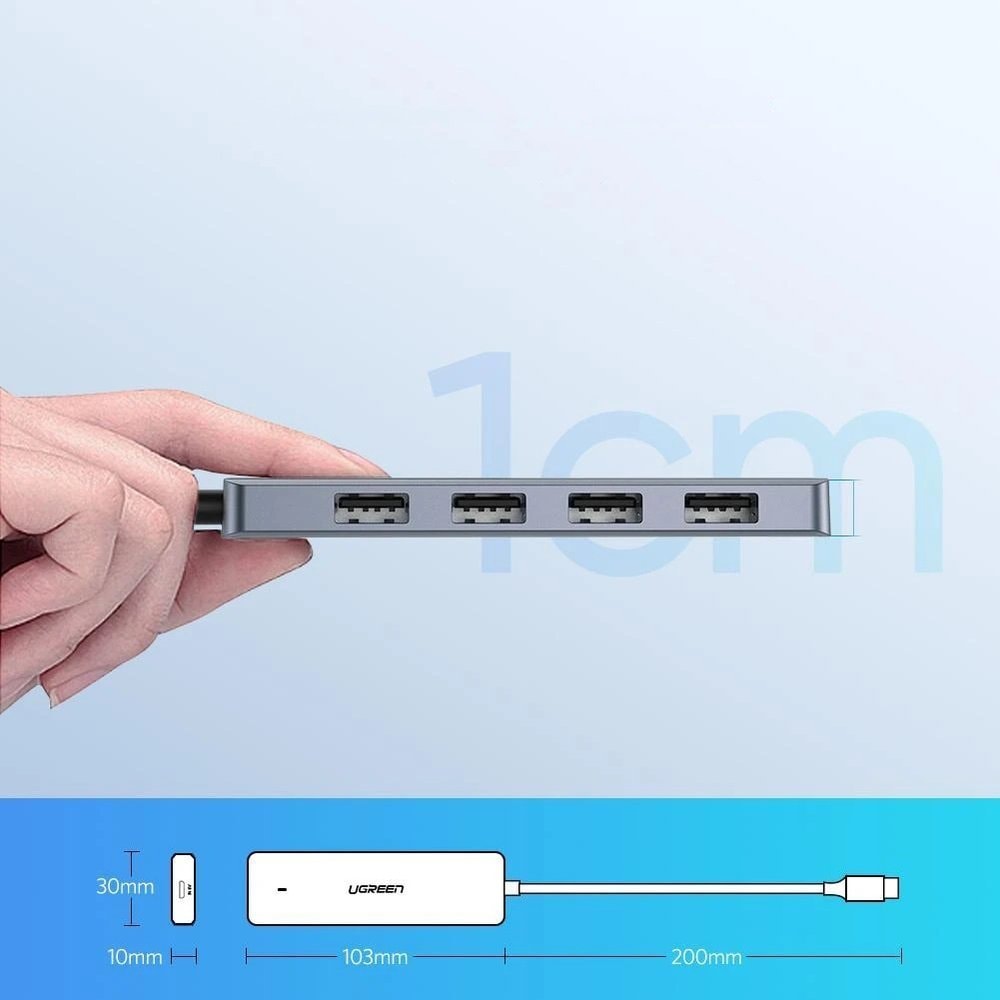 Ugreen USB Type-C -keskitin – 4 x USB 3.2 Gen 1 ja USB-C-latausportti, harmaa (CM219 70336)