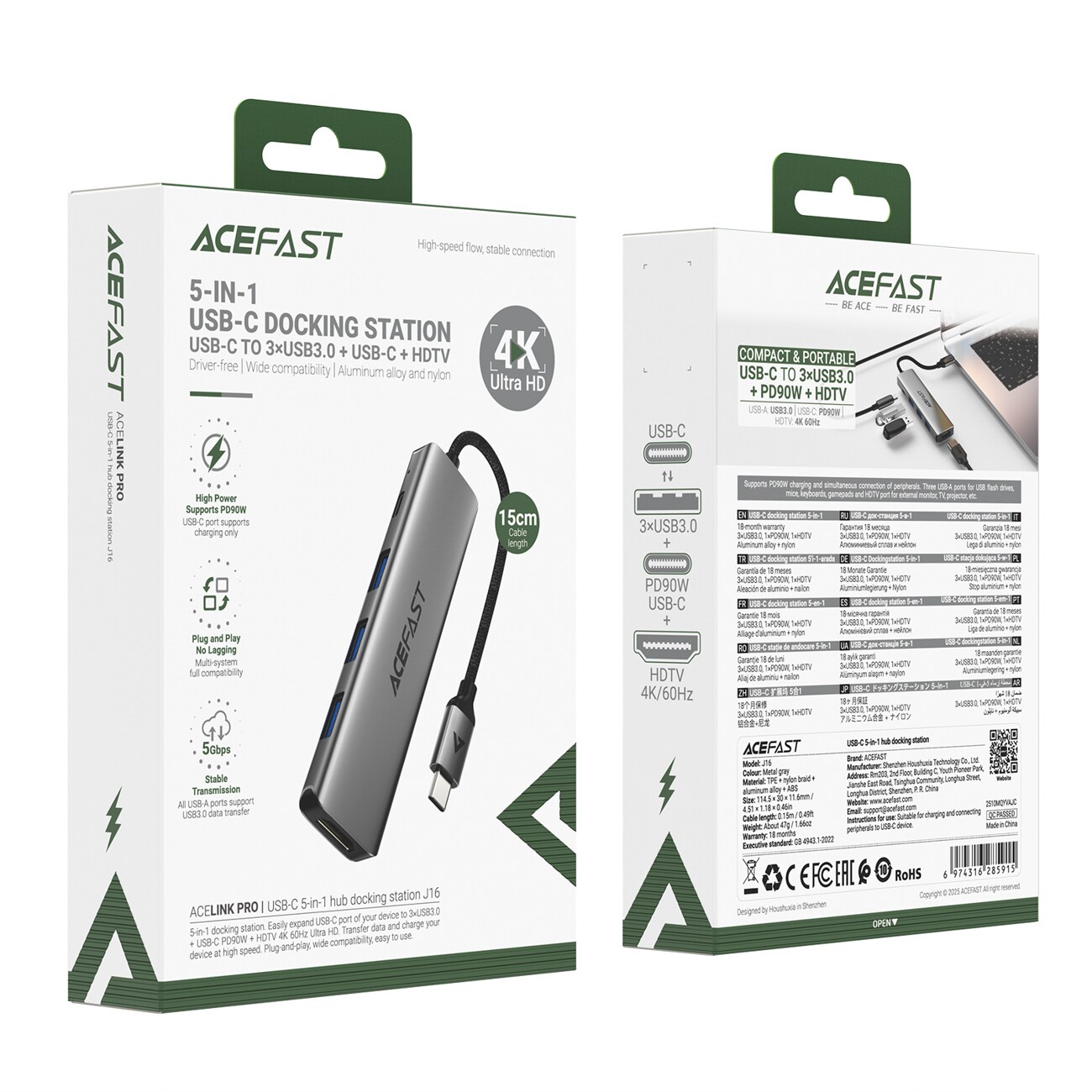Acefast J16 USB-keskitin, USB-C, 5-in-1, HDMI 4K 60 Hz, PD 90 W, telakointiasema – harmaa