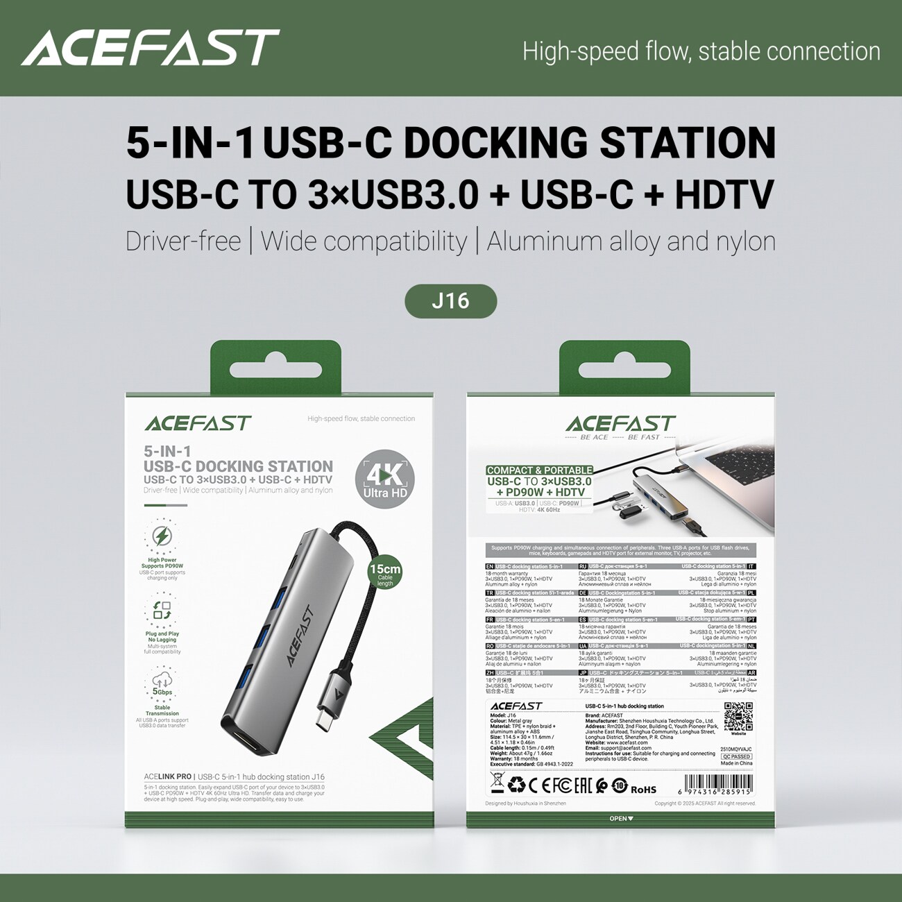 Acefast J16 USB-keskitin, USB-C, 5-in-1, HDMI 4K 60 Hz, PD 90 W, telakointiasema – harmaa