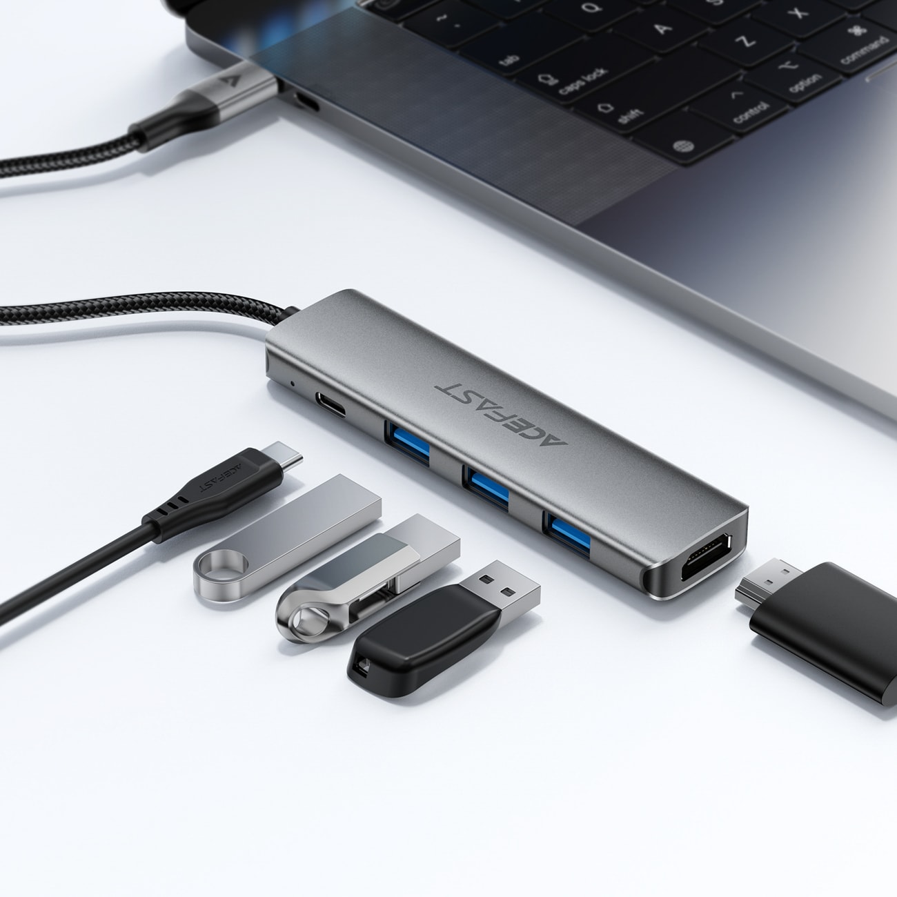 Acefast J16 USB-keskitin, USB-C, 5-in-1, HDMI 4K 60 Hz, PD 90 W, telakointiasema – harmaa