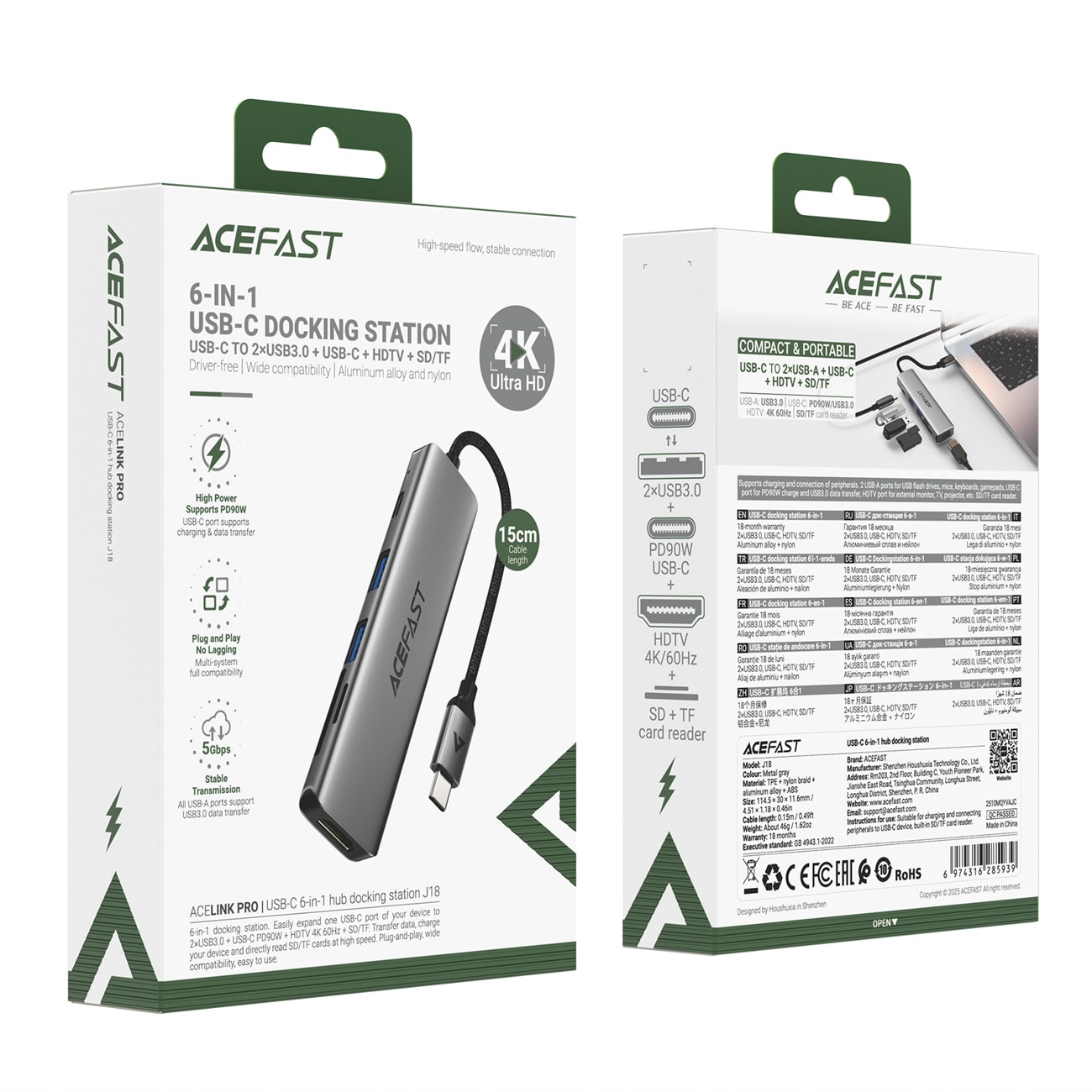 Acefast J18 USB-keskitin, USB-C, 6-in-1, HDMI 4K 60 Hz, PD 90 W, telakointiasema – harmaa