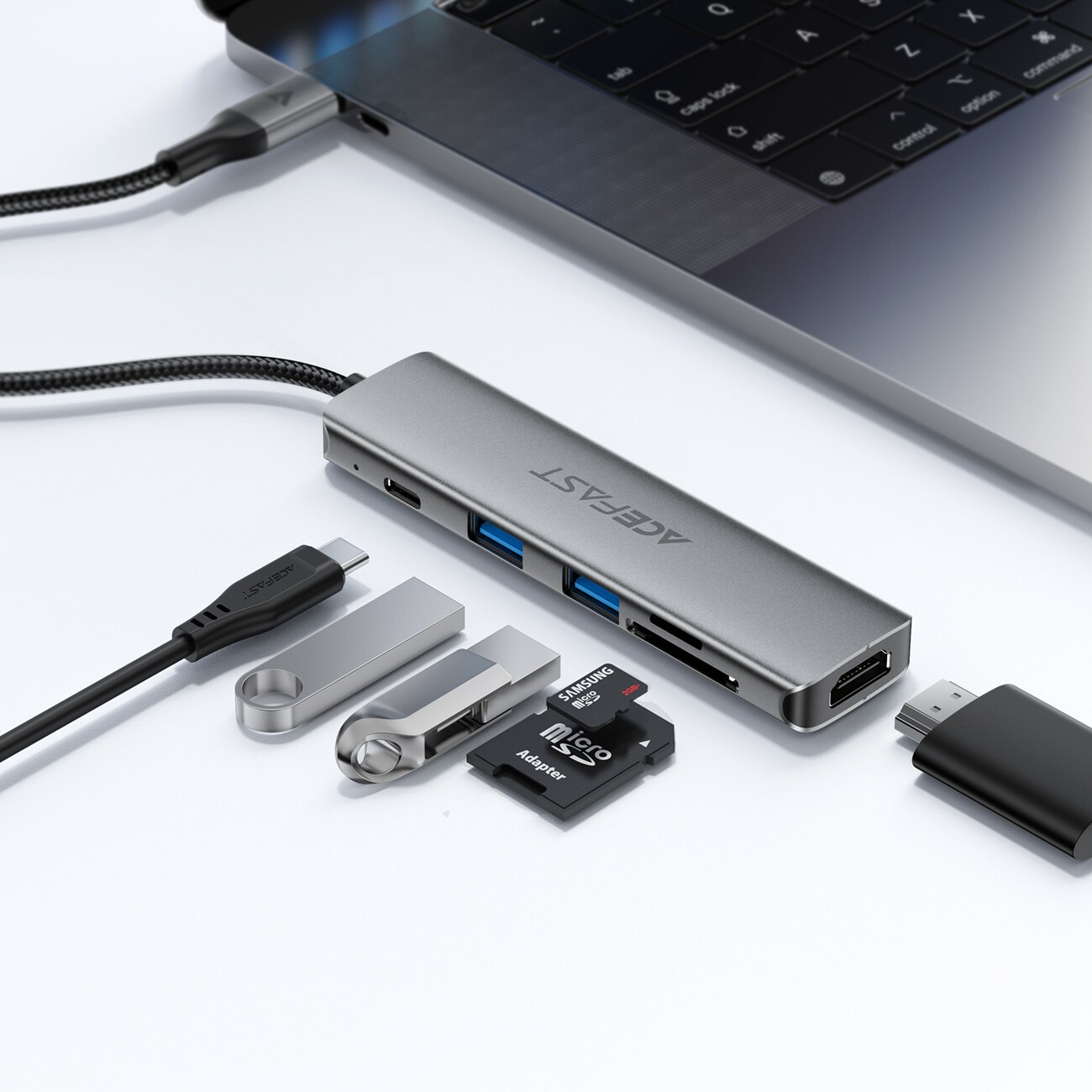 Acefast J18 USB-keskitin, USB-C, 6-in-1, HDMI 4K 60 Hz, PD 90 W, telakointiasema – harmaa