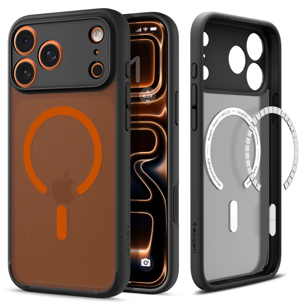 Spigen Ultra Hybrid MagSafe -suojakotelo iPhone 17 Pro:lle – musta ja oranssi