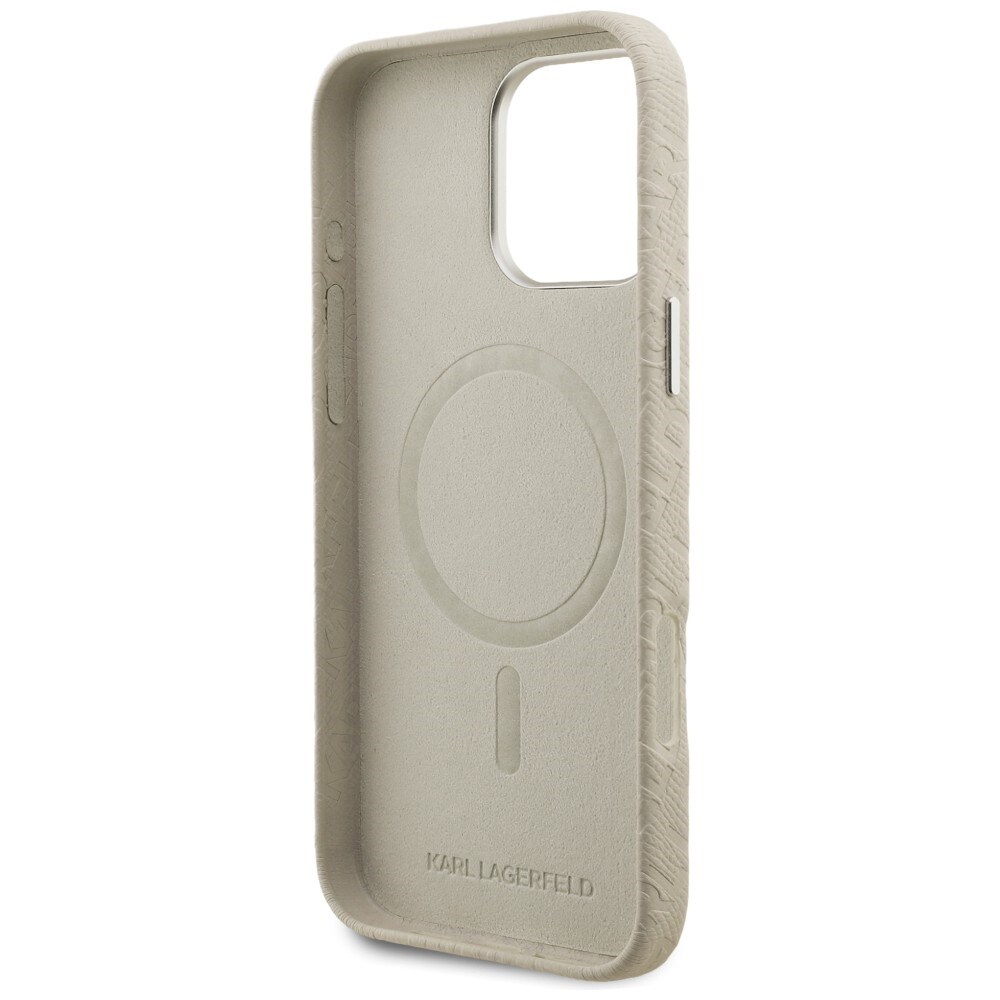 Karl Lagerfeldin FW-malliston Karl MagSafe -kotelo iPhone 16 Pro:lle – beige