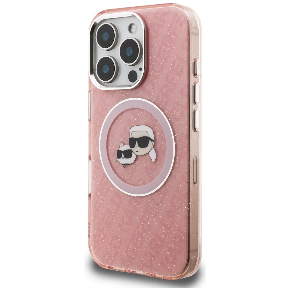 Karl Lagerfeld IML Glitter Karl & Choupette -päälogo MagSafe-suojakotelo iPhone 16 Pro Max – pinkki