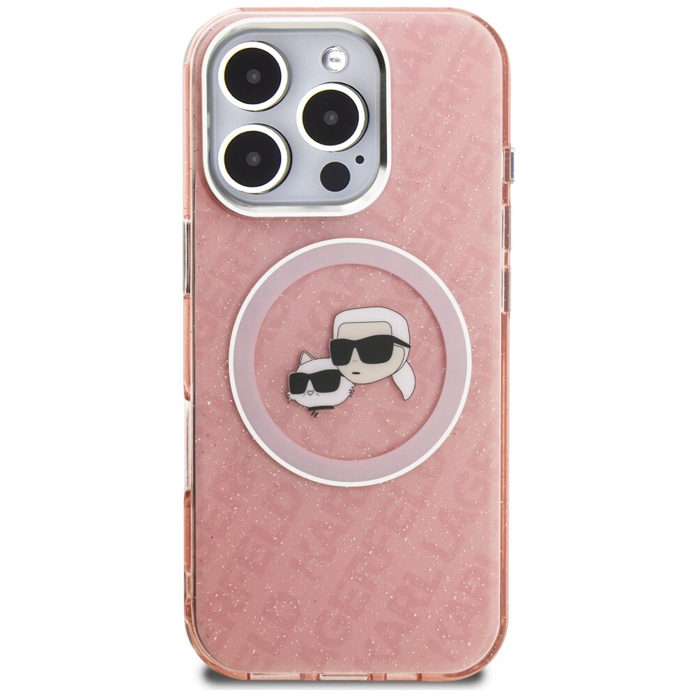 Karl Lagerfeld IML Glitter Karl & Choupette -päälogo MagSafe-suojakotelo iPhone 16 Pro Max – pinkki