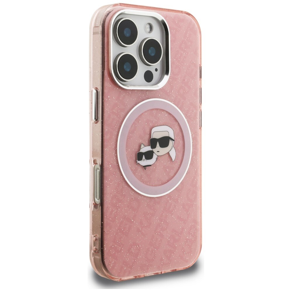 Karl Lagerfeld IML Glitter Karl & Choupette -päälogo MagSafe-suojakotelo iPhone 16 Pro Max – pinkki