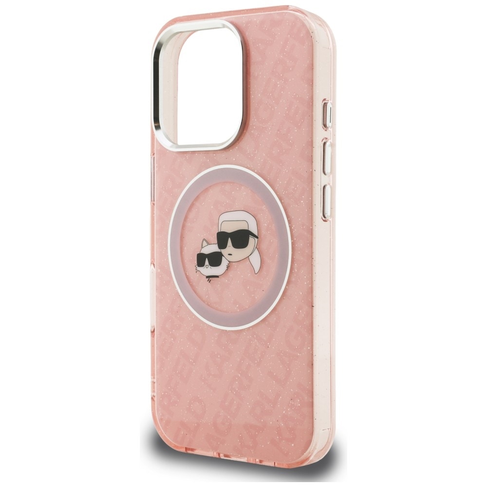 Karl Lagerfeld IML Glitter Karl & Choupette -päälogo MagSafe-suojakotelo iPhone 16 Pro Max – pinkki
