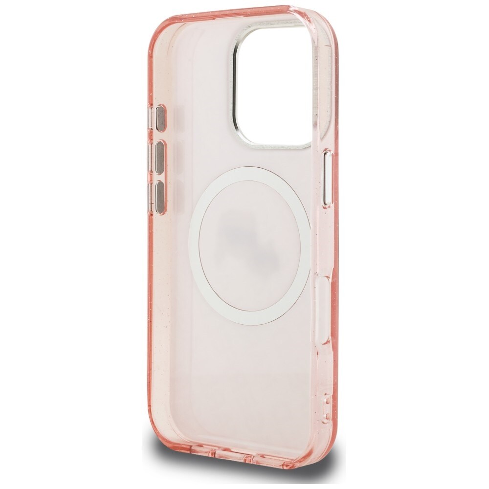 Karl Lagerfeld IML Glitter Karl & Choupette -päälogo MagSafe-suojakotelo iPhone 16 Pro Max – pinkki