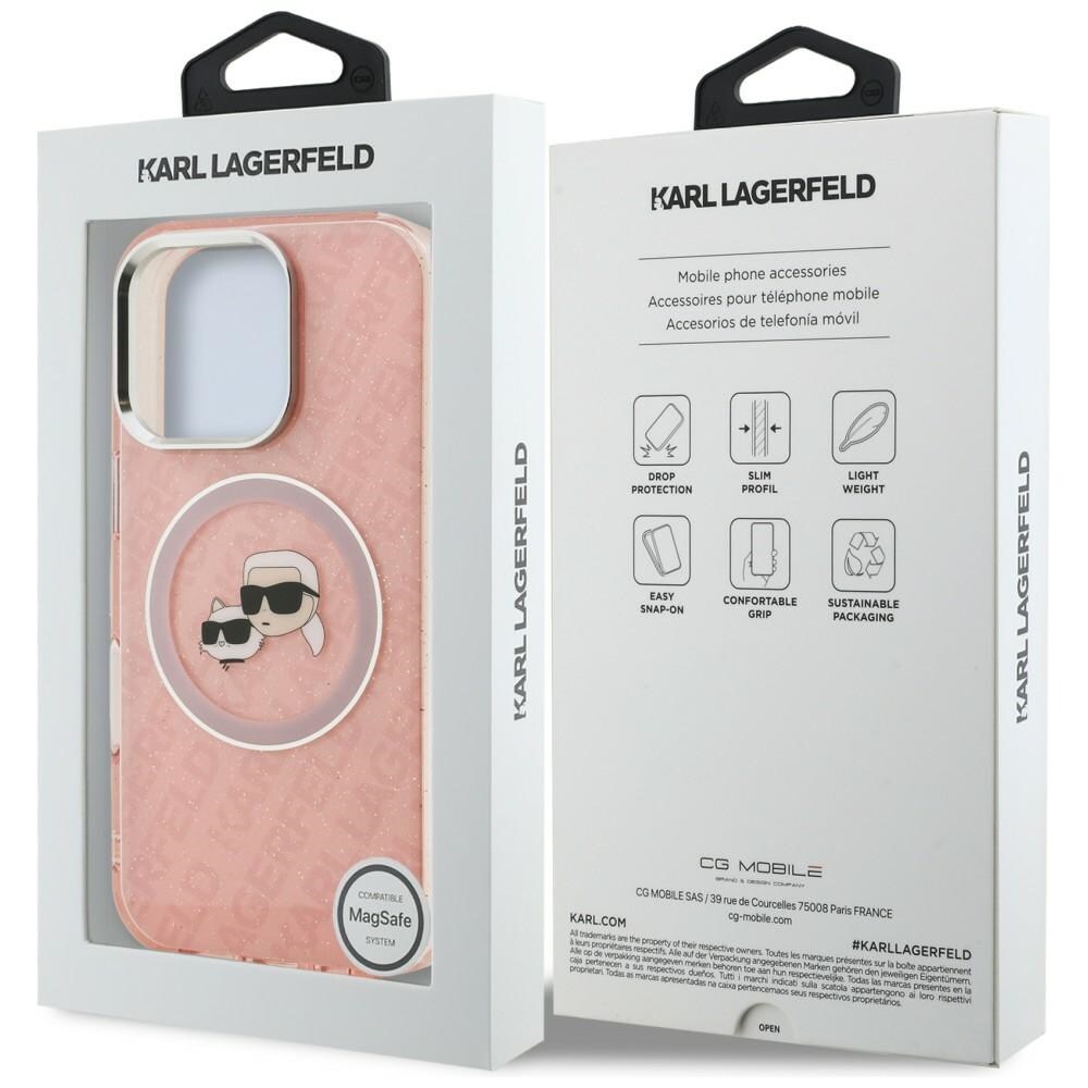 Karl Lagerfeld IML Glitter Karl & Choupette -päälogo MagSafe-suojakotelo iPhone 16 Pro Max – pinkki