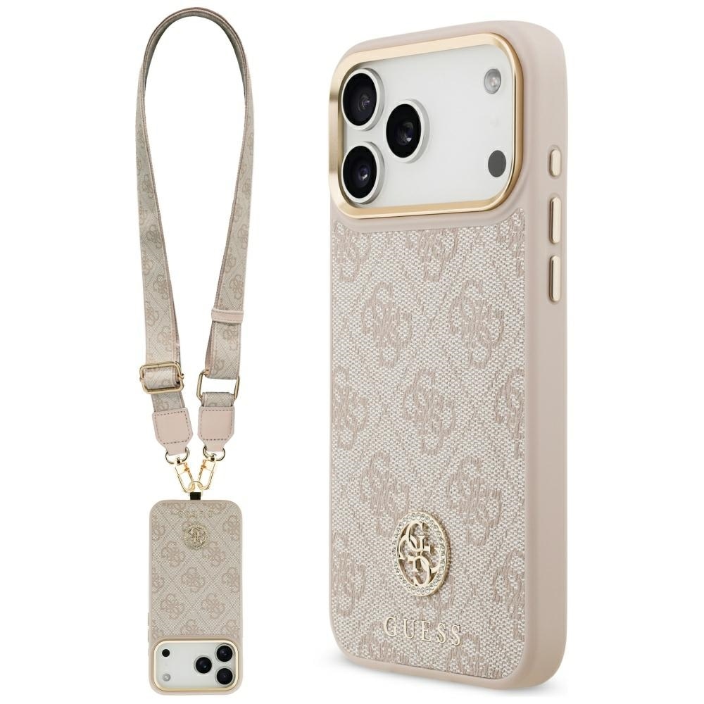Guess 4G Strass-logo & leveä hihna, metallinapit, MagSafe-kotelo iPhone 17 Pro Max – pinkki
